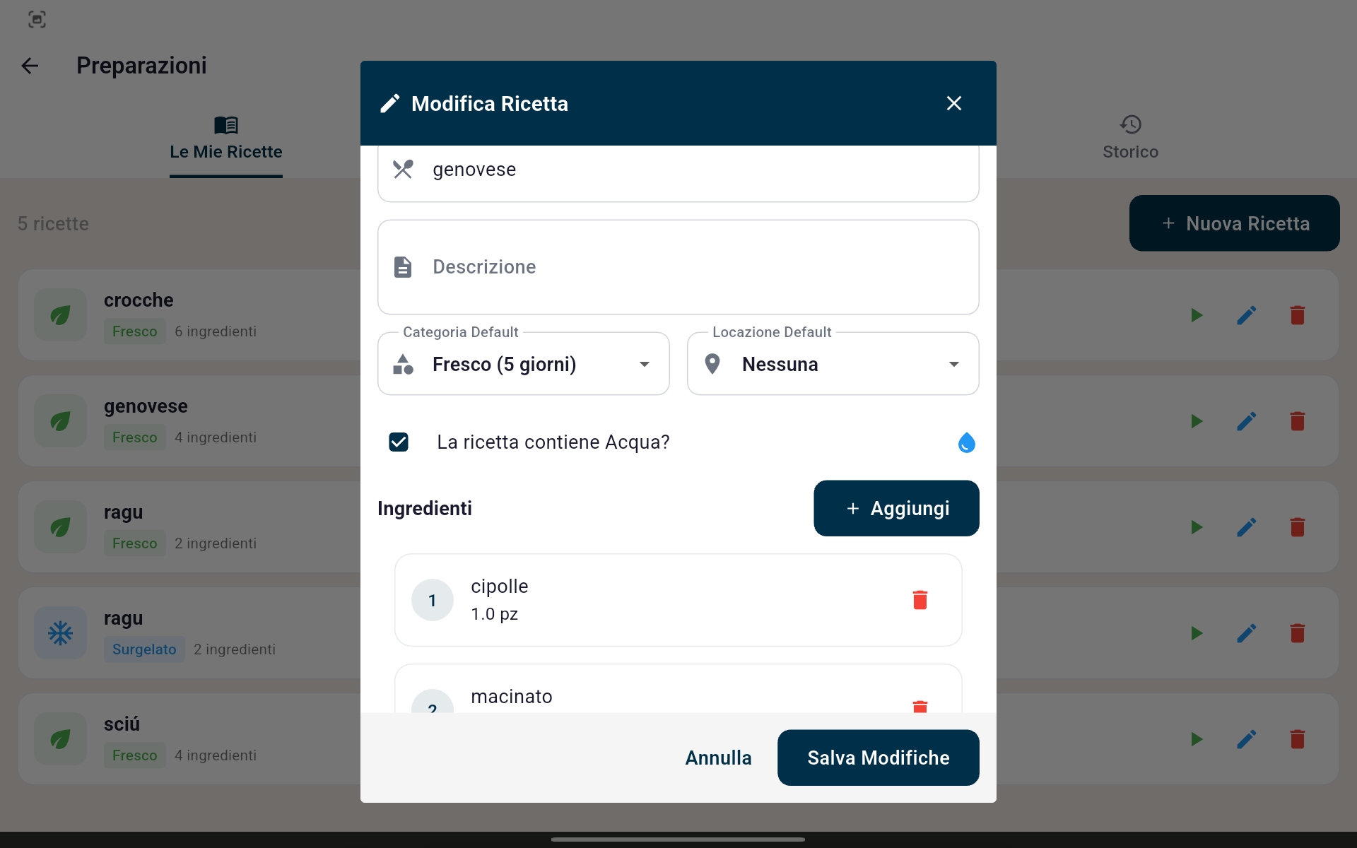 Ricettario digitale con ingredienti e quantità