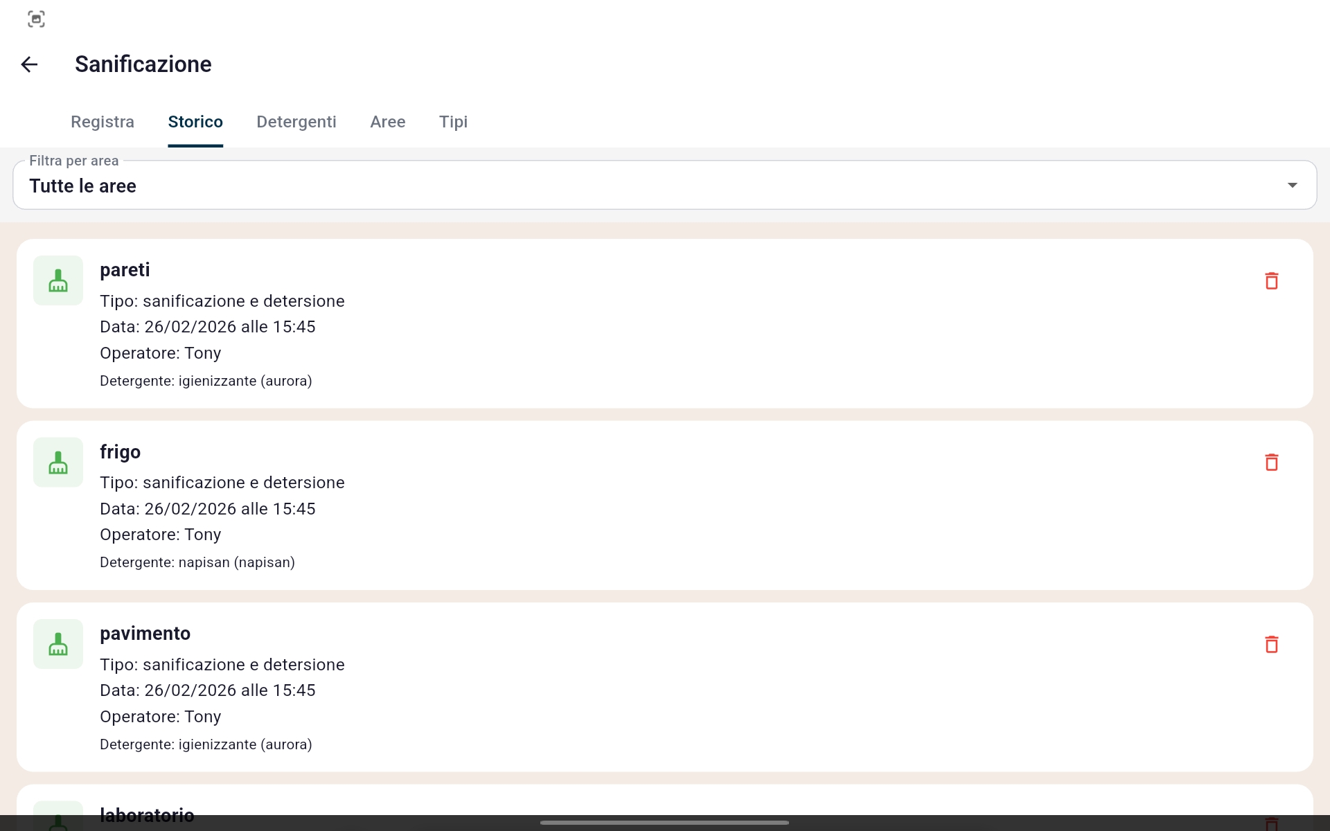 Registro sanificazione